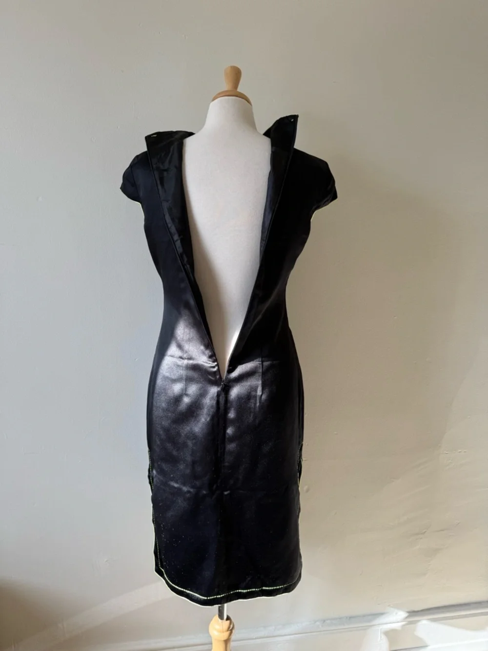 Vintage Style Black Satin Cheongsam Mini Dress Lime Green Trim y2k / 90s - Picture 10 of 12